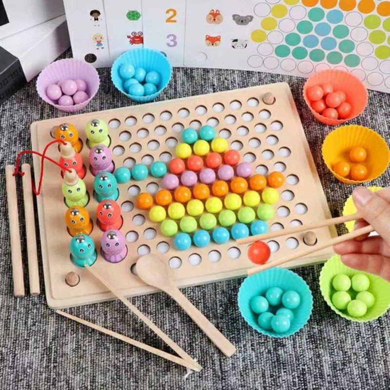 MAINAN MONTESSORI BERHITUNG / WARNA - BEADS HOLDER PEARL FISHING MEMORY GAME