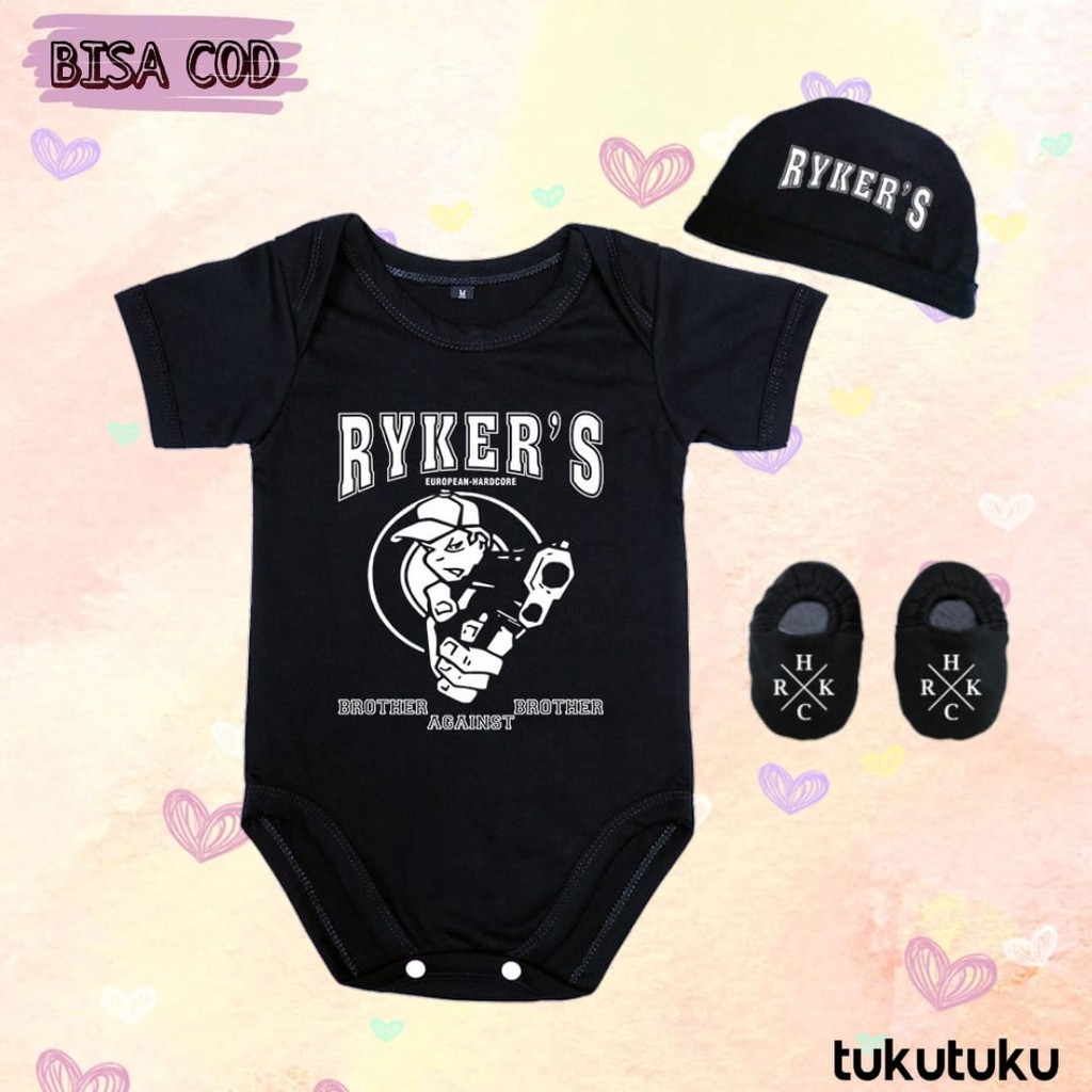 Set 3 in 1 Jumper Bayi Band Topi Kupluk dan Sepatu Newborn Jumpsuit Lucu Band Hardcore Rykers