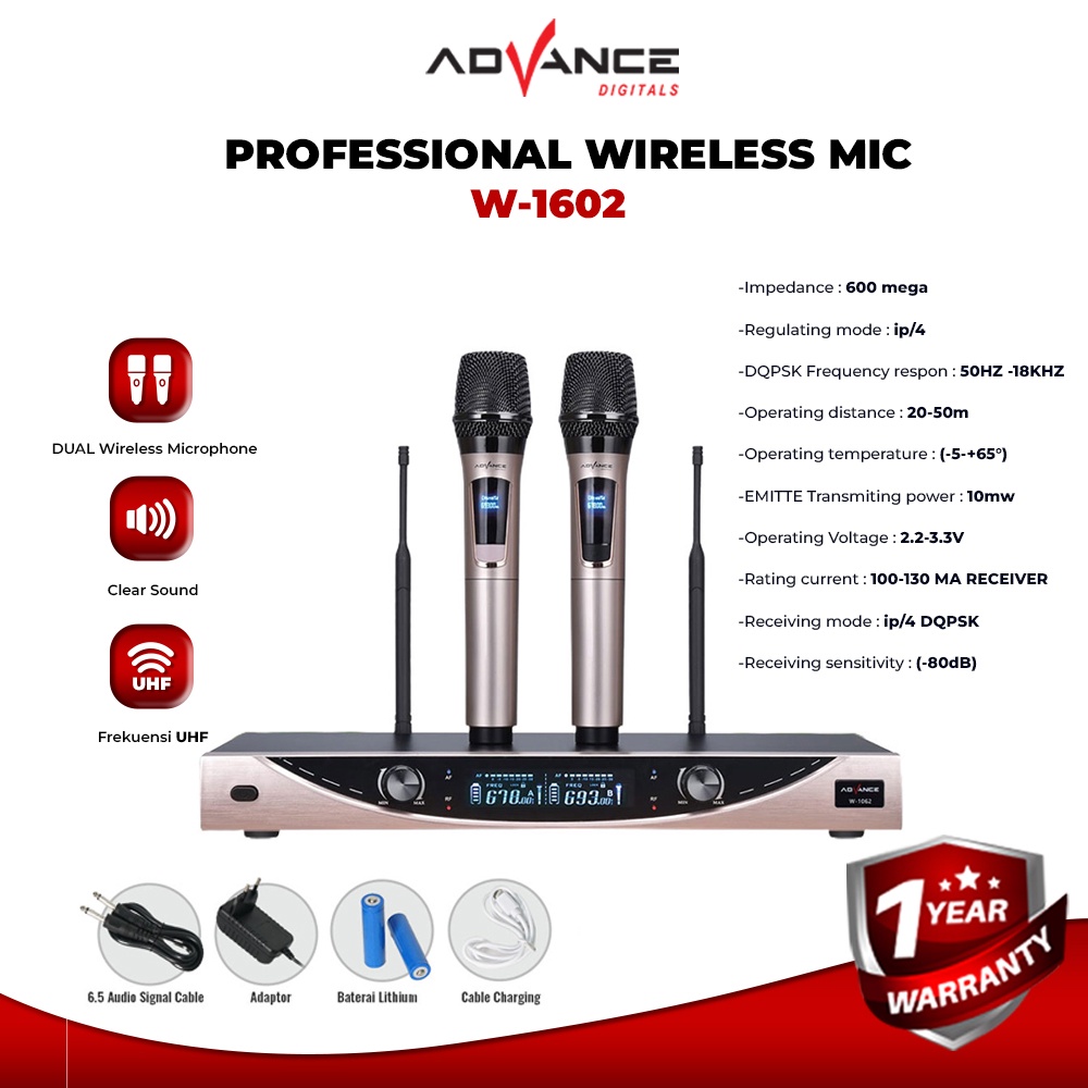 	 ADVANCE W1062 Dual Mic Wireless Profesional Microphone + amplifier mic wireless	