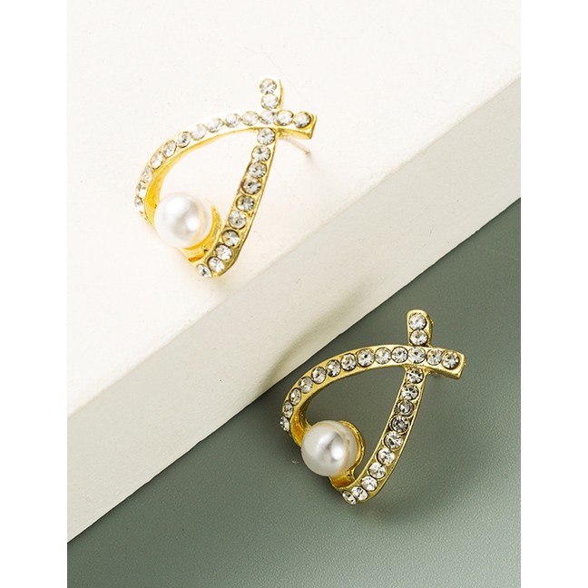 LRC Anting Tusuk Fashion Golden Geometric Cross Pearl Earrings P59680