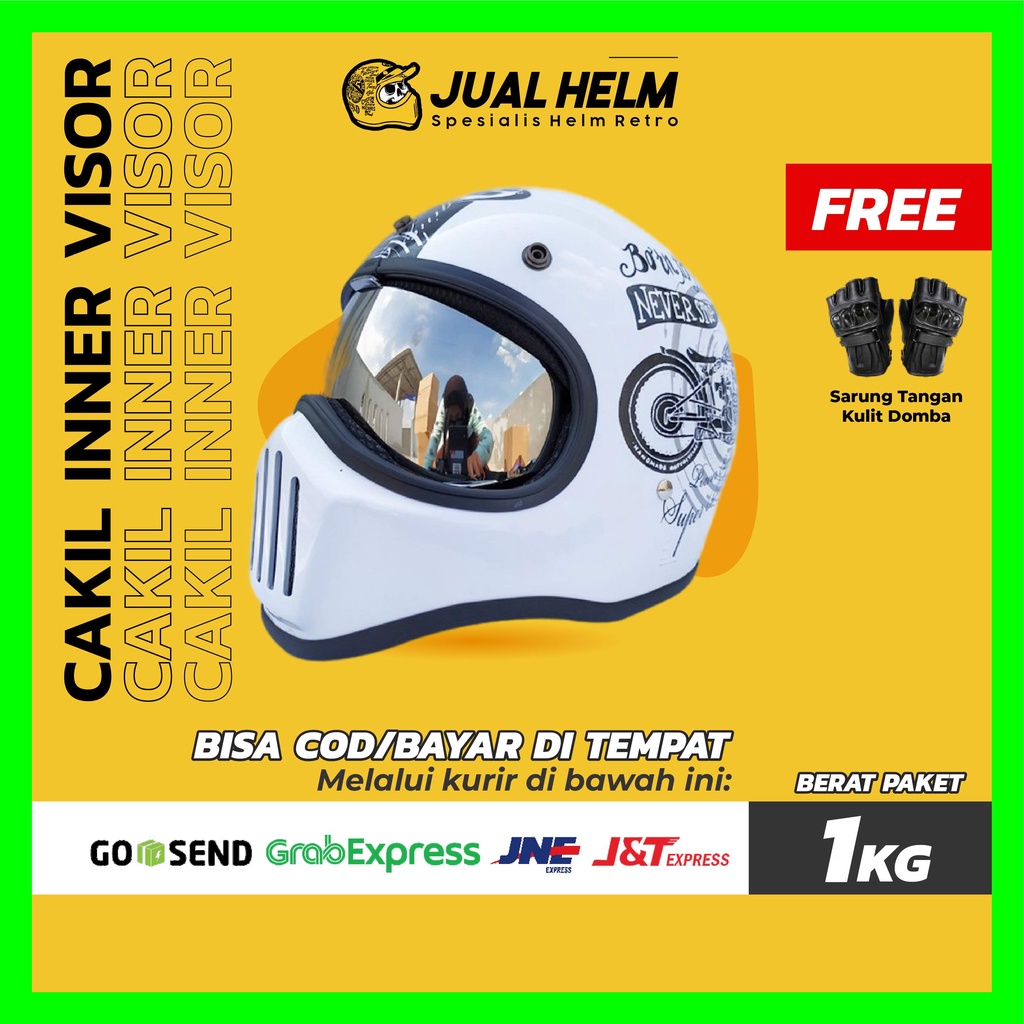 Helm Cakil HBC Born To Ride White + Inner Visor Chrome ( Fullface / Retro / Klasik / Vespa )