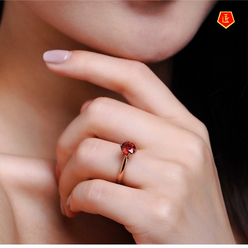 [Ready Stock]Rose Gold Garnet Colored Gems Classic Six-Claw Ring Fashion Simple Amethyst