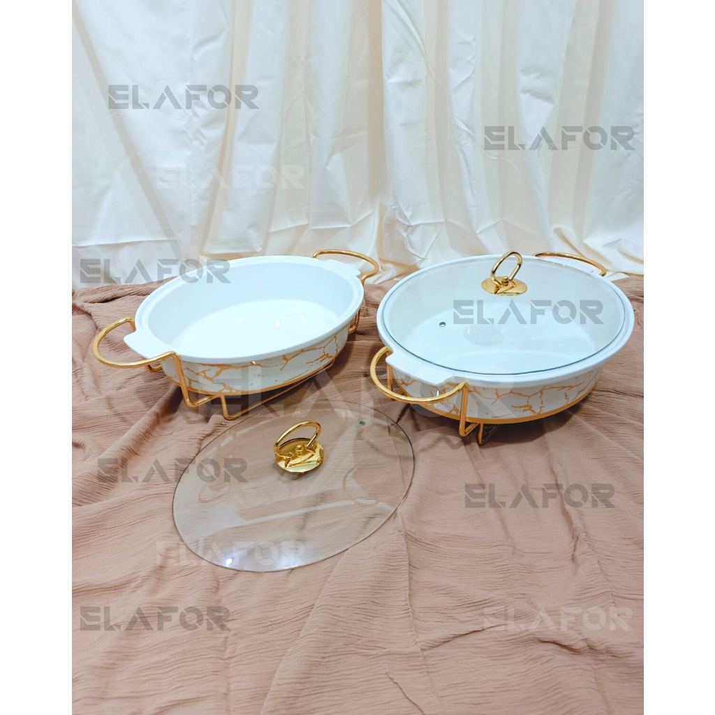 Wadah Saji Prasmanan Keramik Kaca / Rak Pemanas Makanan Prasmanan / Basi Keramik / Buffet CH79 - Ela