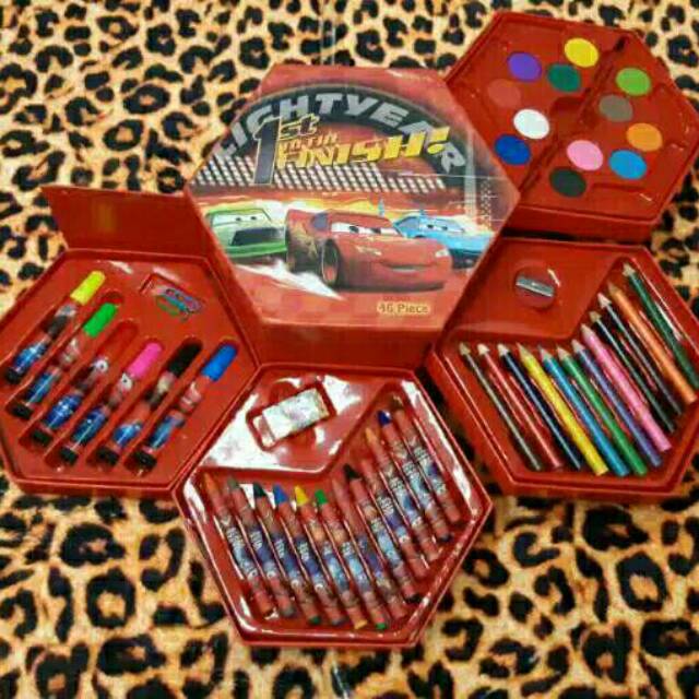 Crayon Set 4 Susun 46 pcs 4 in 1 Motif Kartun Cars