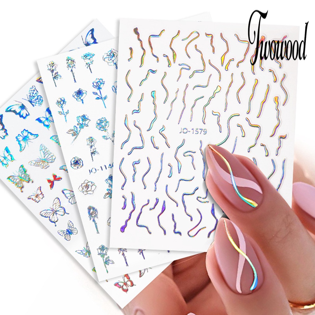 Twowood Stiker Kuku Tahan Air Motif Bunga / Kupu-Kupu / Hati Untuk Nail Art DIY