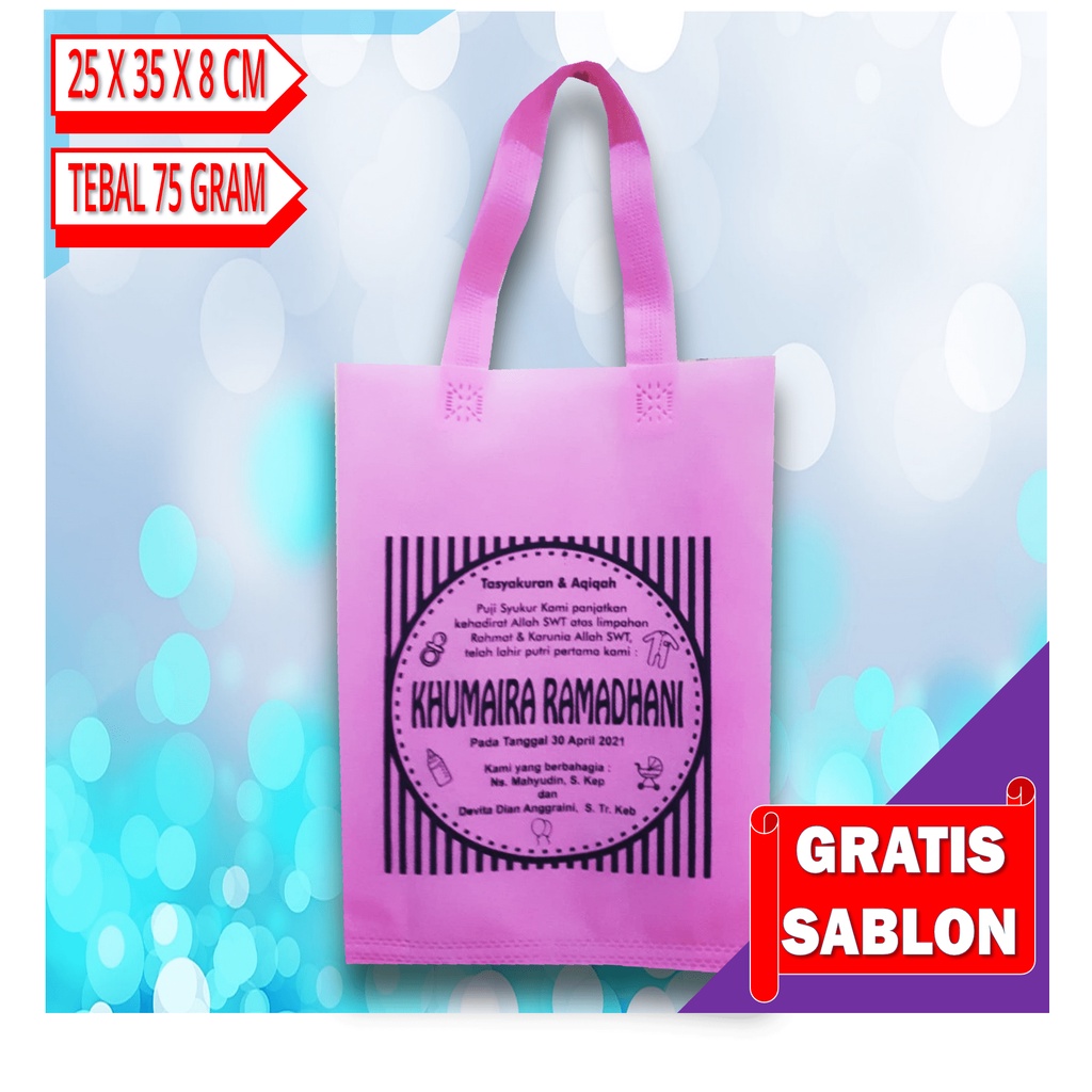 

TAS SPUNBOND SABLON/ TAS SPONBOND/ TAS PROMOSI/ TAS TENTENG/ TAS SOUVENIR/ GOODIE BAGS/ UK.25X35X8CM