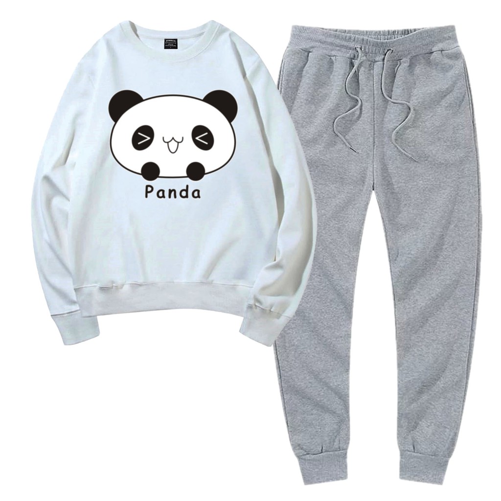 Baju Setelan Wanita Murah / Setelan Sweater + Jogger Abu - PANDA CUTE