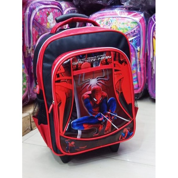 PROMO Tas Roda Dorong Trolley Anak TK Gambar Anak Laki Laki Laba Laba Jaring Soft Timbul 3 Kantung