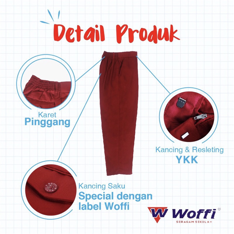 Seragam SD Woffi Celana Panjang Karet Merah / CELANA SEKOLAH MERAH PANJANG BAHAN KATUN HALUS WOFFI