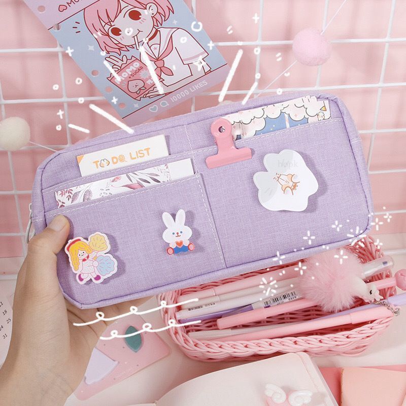 

Kawaii Purple Canvas Pencil Case Cute Animal Badge Pink Pencilcases Large School Pencil Bags for Mai