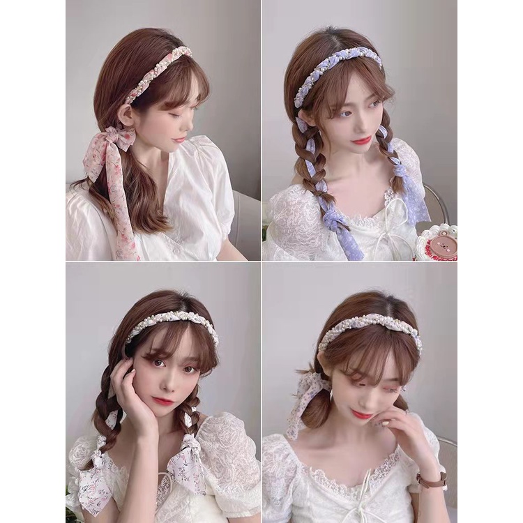 Bando Tali mutiara Korea Dari Gaya Ins Rambut Panjang Dengan Jarum Jam Temperamen Busur Simpul Pita Rambut