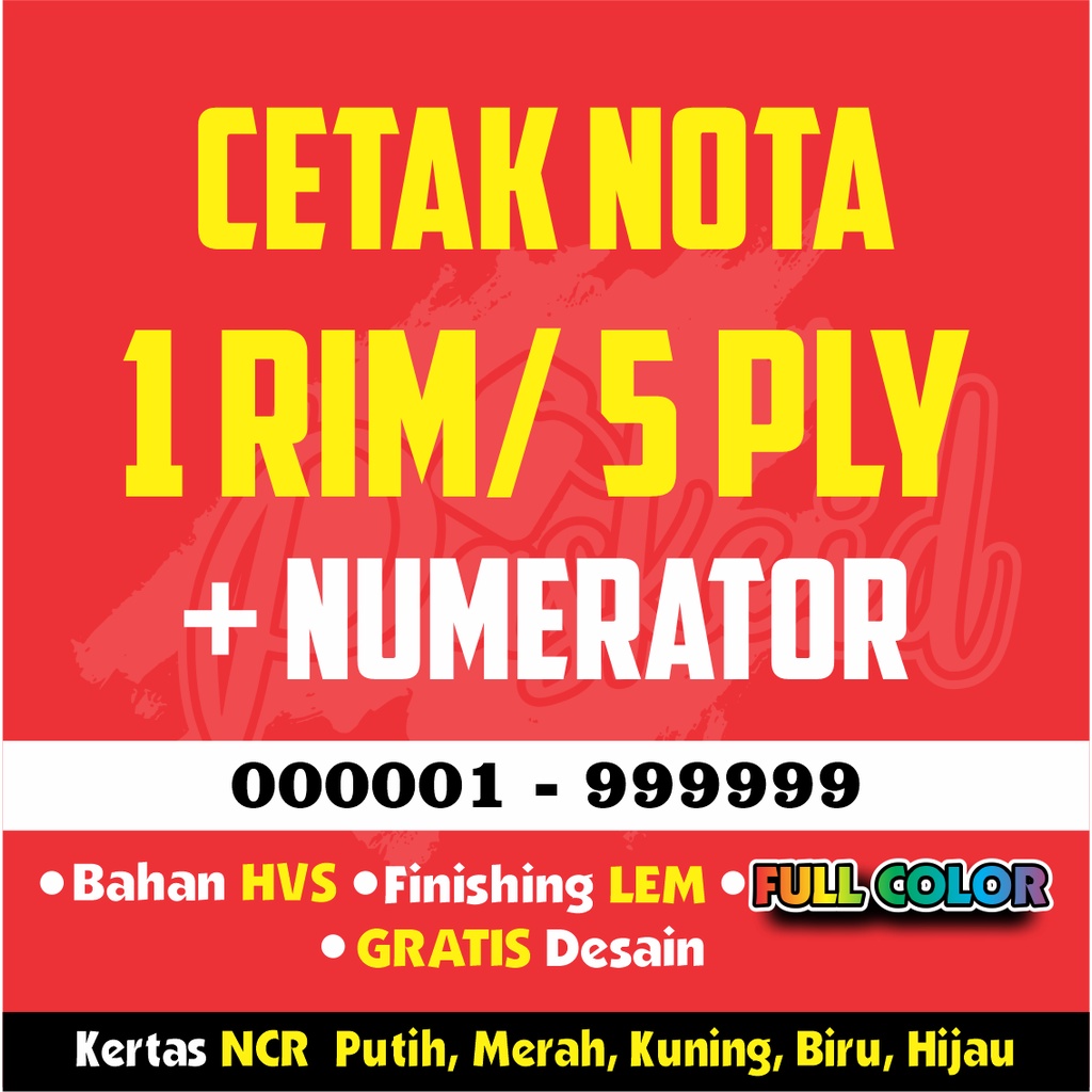 

1 RIM / 5 PLY CETAK NOTA/ Kwitansi/ Surat Jalan/ Bon/ Invoice/ Lainnya, Bahan NCR CARBON, FULL COLOR, NUMERATOR, PORPORASI