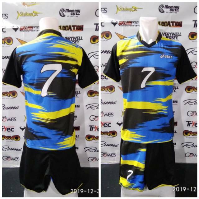 kostum baju jersey celana voli Asics bahan kaos volly tebal pe super printing motif terbaru