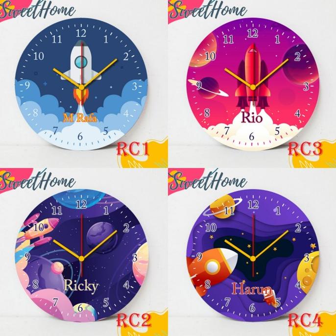 OPEN RESSELER Jam dinding kayu anak unik motif roket hadiah kamar custom nama diy