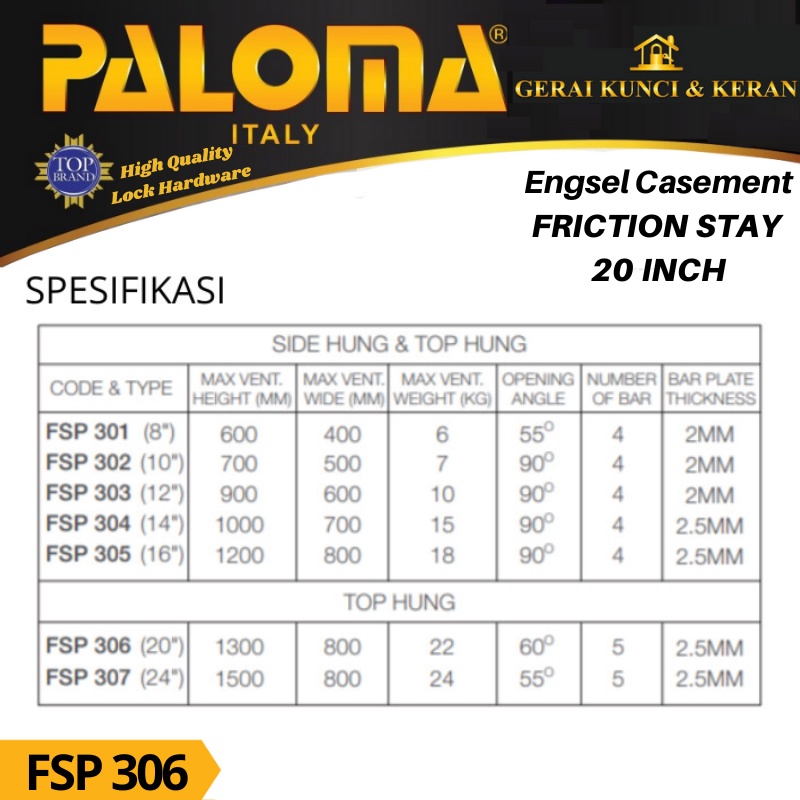 Engsel Casement Friction Stay Paloma Superior 20 inch SSS FSP 306