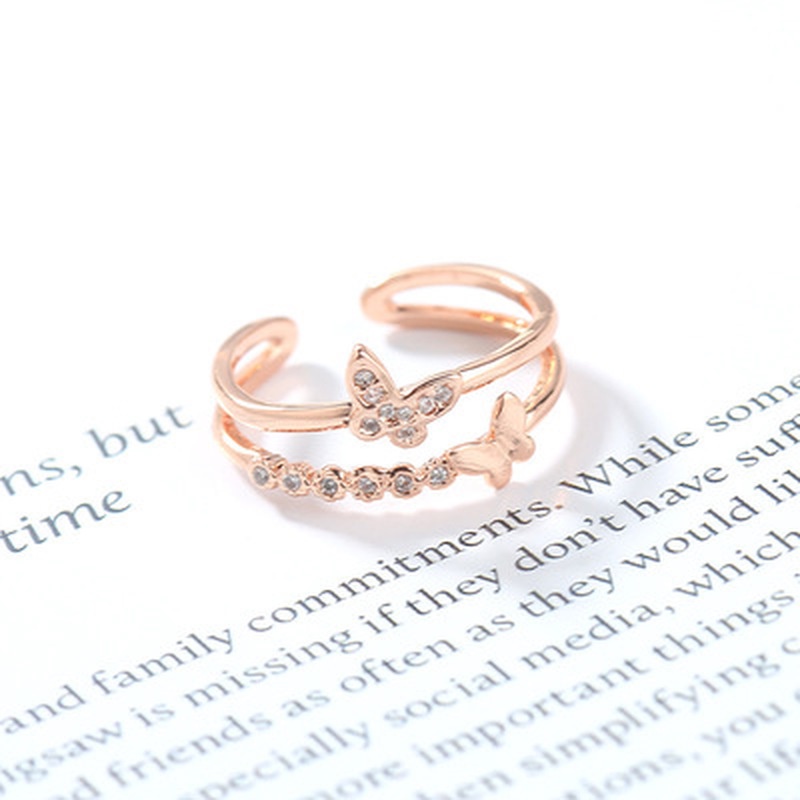 INS style silver color diamond inlay Double butterfly pattern alloy ring/ Fairy temperament Sweet opening design ring