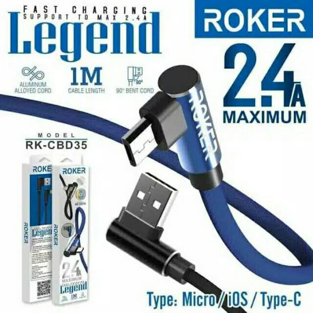 Kabel Gaming Roker MICRO/ANDROID/TYPE-C/IOS/Legend -Cable Charger Data Fast Speed 2.4A 90° Bent Cord