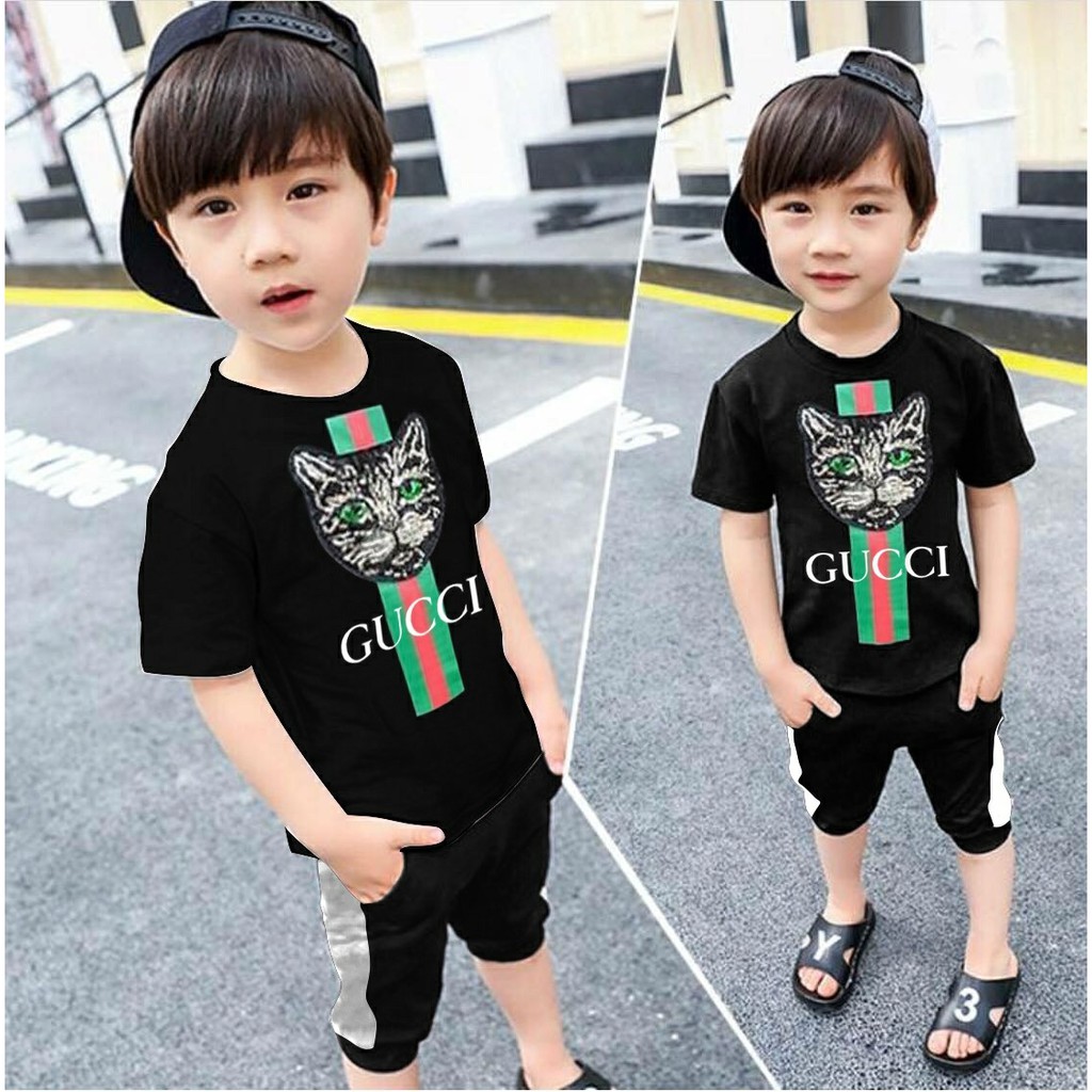 Setelan Baju Anak Laki Motif Gambar Kucing Gucci