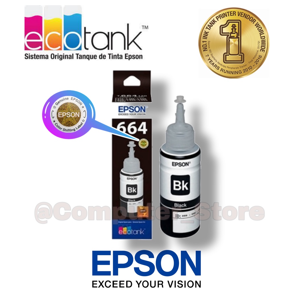 Epson Ink Bottles T664 Black Colour ( Cyan, Magenta, Yellow ) | 664 Tinta Botol Printer Hitam Dan Warna Untuk Printer Epson Seri L210, L200, L110, L100, L220, L300, L310, L350, L355, L360, L365, L380, L385, L1300, L1455 -Geniune Product