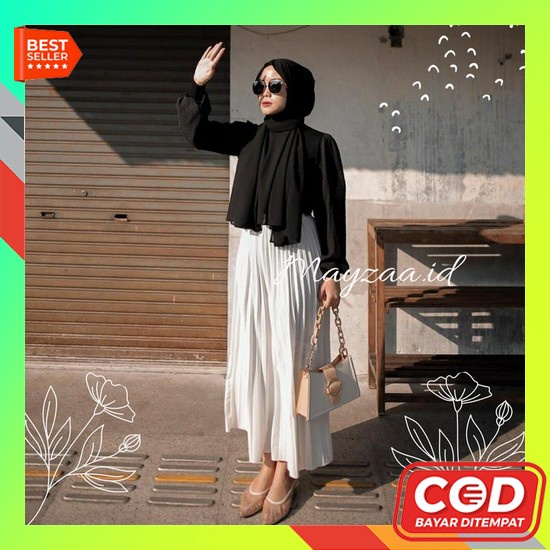 Rok Dres A-Line Skirt Rok Panjang Denim A-Line Skirt Korean Style Midi Rok Plisket Premium Putih May