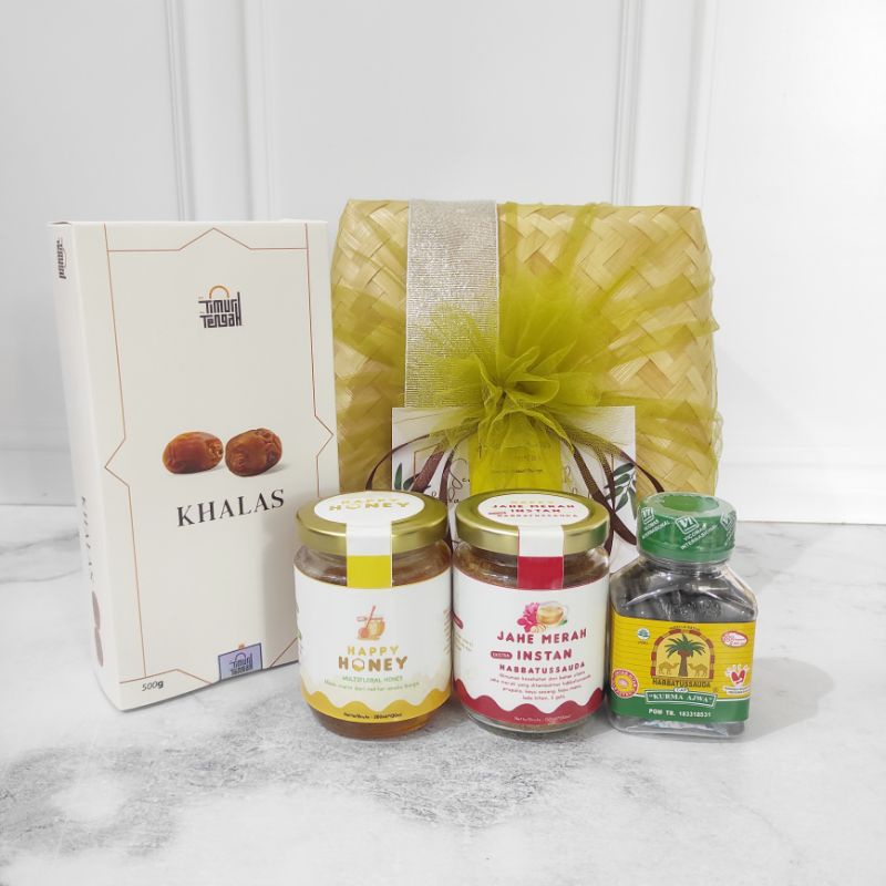 

Gold Healthy Hampers - Besek Madu, Jahe Merah, Habbatussauda, Kurma / Anti COVID / Parsel Kesehatan