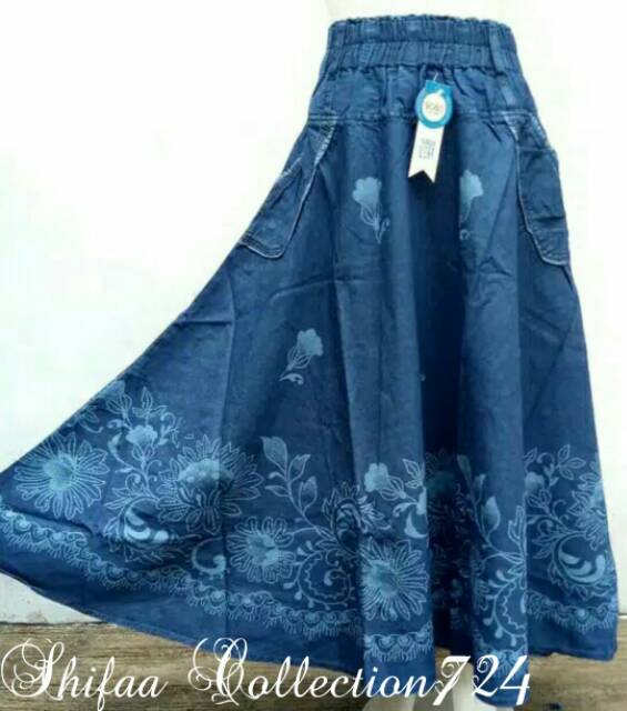 Rok Jeans / Rok Panjang / Rok Payung Jeans Motif Sablon BB 60-80 Kg