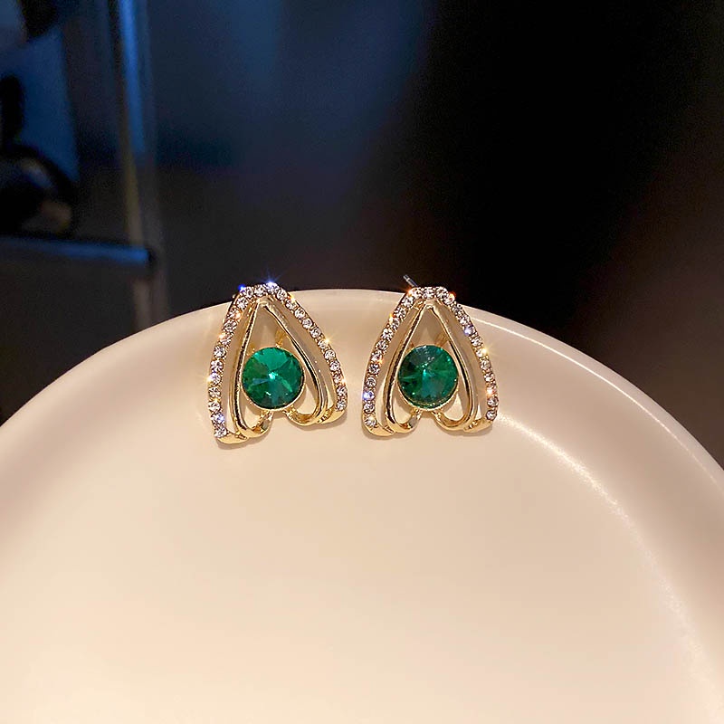 Anting Tusuk Gantung Bahan Sterling Silver 925 Desain Hati Hias Berlian Hijau Gaya Koreadongdaemunretro Untuk Wanita