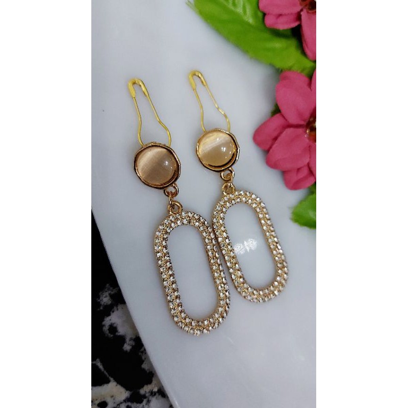 A197 Anting hijab juntai oval full diamond gold