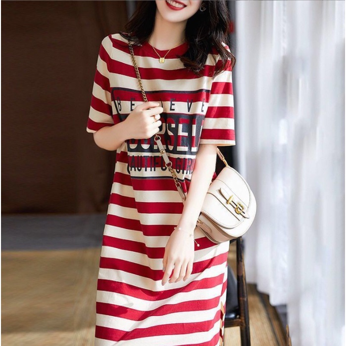 Gaun T-shirt bergaris-garis longgar dan ramping Rok Gaun Dress gaya Korea rok lengan pendek panjang