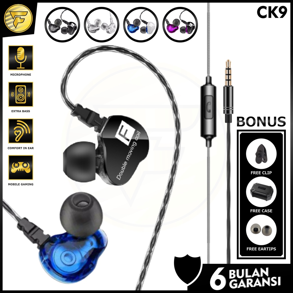 QKZ CK9 earphone DUAL DRIVER stereo bass music Sport telfon headset mic original