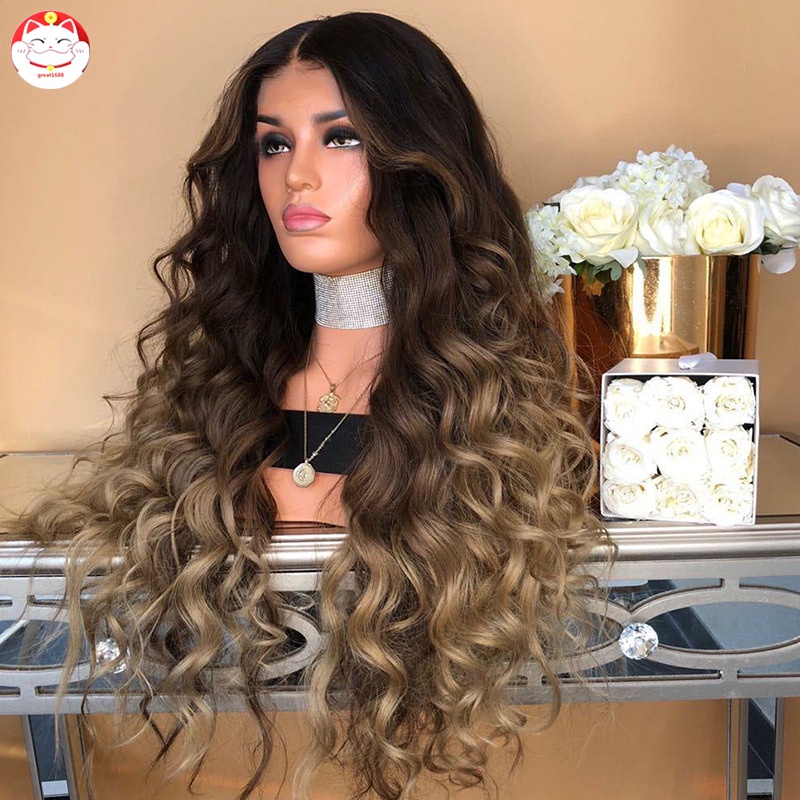 Wig / Rambut Palsu Wanita Model Panjang Keriting Gelombang Bahan Sintetis Tahan Panas Warna Gradasi Hitam / Coklat