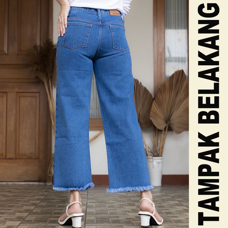 AFAREEN - Highwaist Kulot Jeans Rawis Wanita Boyfrind Jeans Blue Snow Hitam Rumbai Celana Jeans Basic