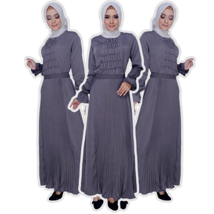 BAJU GAMIS WANITA GAMIS PLISKET GAMIS PREMIUM MURAH - GREY