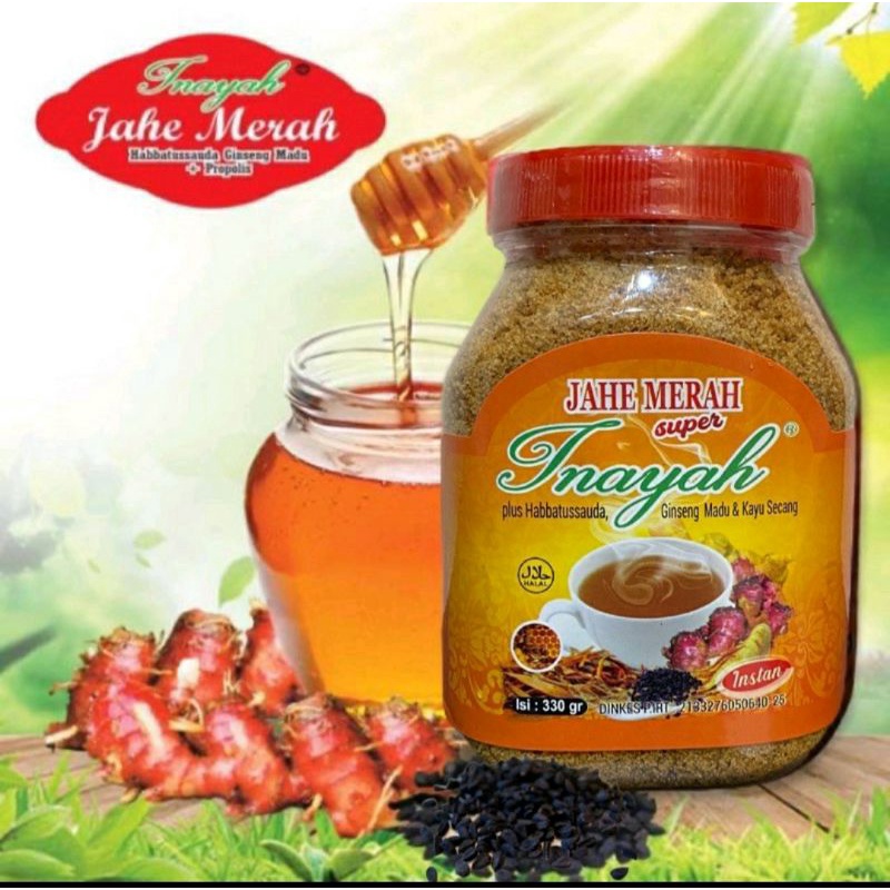 

Jahe Merah Instan inayah Plus Habbatussauda Ginseng Madu Propolis Toples 330gr