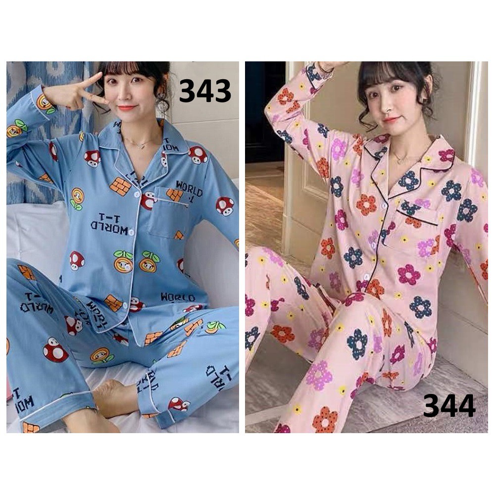 Piyama Wanita Baju Tidur Wanita Kancing Depan Rabbit Salur