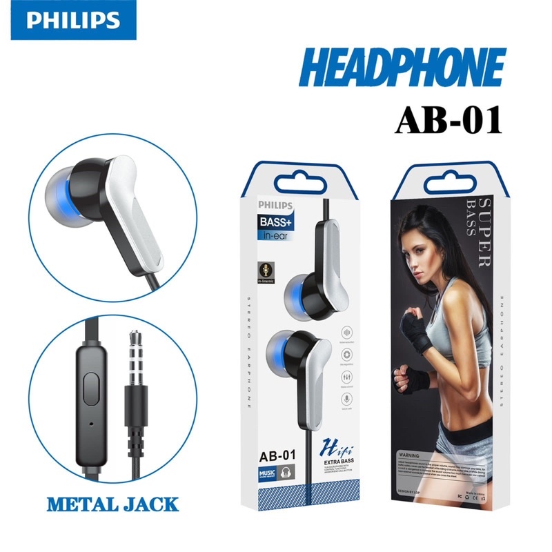Headset Handsfree Philips + Mic Hifi Extra Bass AB-01 AB-02 AB-03 Promo Sen