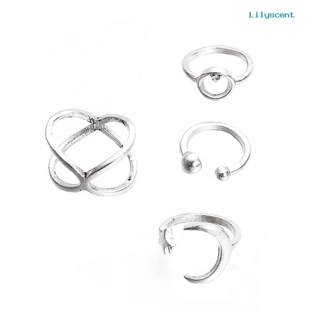 4pcs / Set Cincin Knuckle Model Terbuka Desain Bulan Bintang Aksen Berlian Imitasi Untuk Wanita