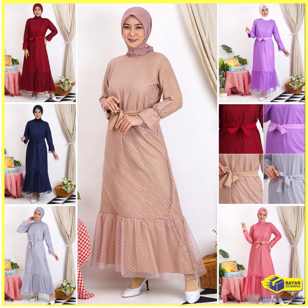 Gaun Gamis Maxi Long Dress Dres Wanita Fashion Busana Muslim Tile Polkadot Murah Premium Size L - XL