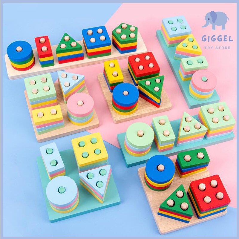 [ Giggel ] Shape Sorting Wooden Toys / Mainan Edukasi Anak / Mainan Kayu anak / Mainan Kayu Alphabet / Wooden Alphabet Toys / Basic Shape Sorting Kayu Balok 4 Shape Block