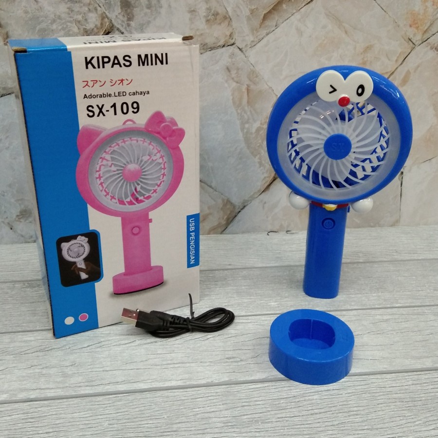 kipas angin mini SX-109 led cahaya Hello kitty/Doraemon(rechargeable) - Biru