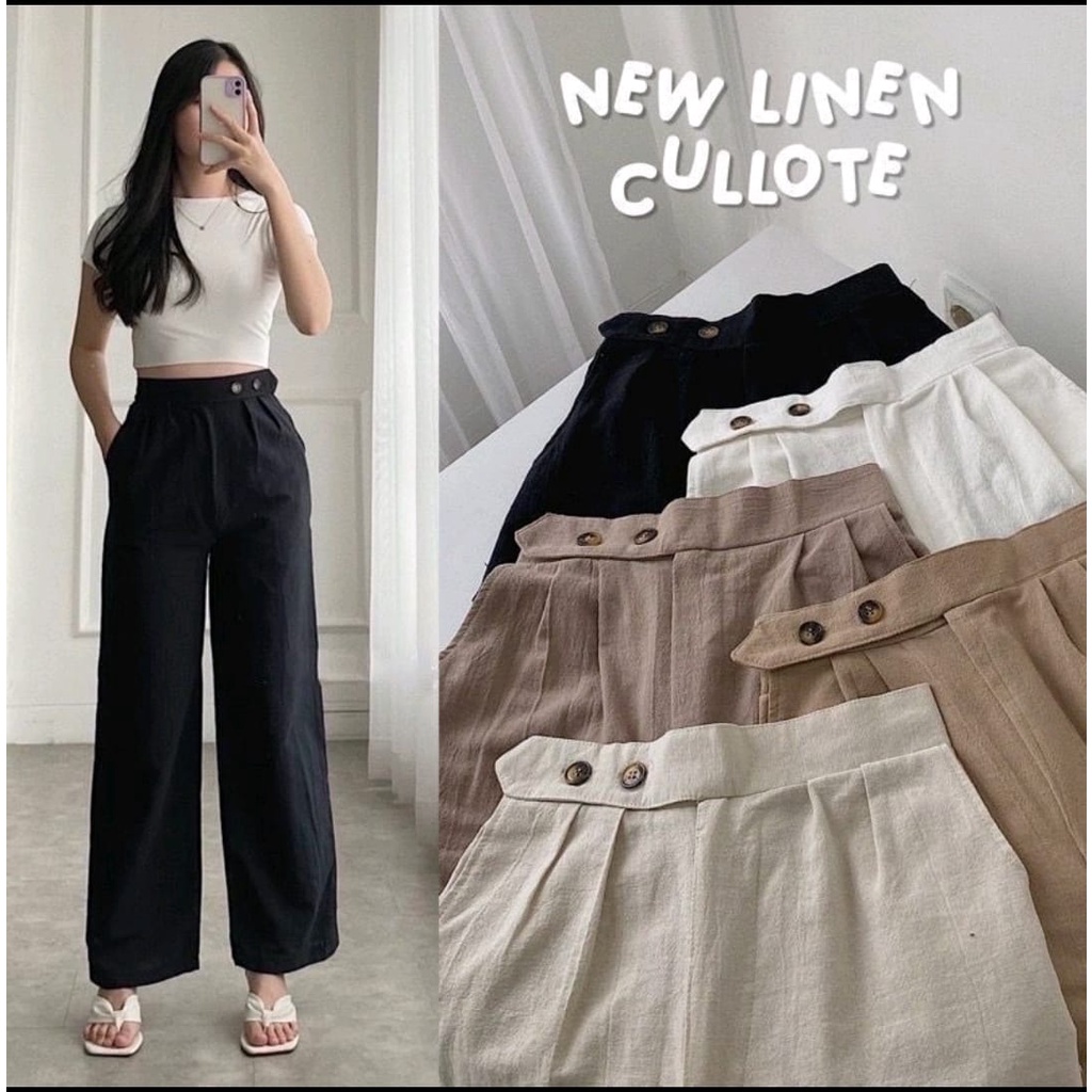 Celana Kulot Linen Highwaist Premium 2240 Side Button - Cullote Pants - Celana Kulot Linen Wanita