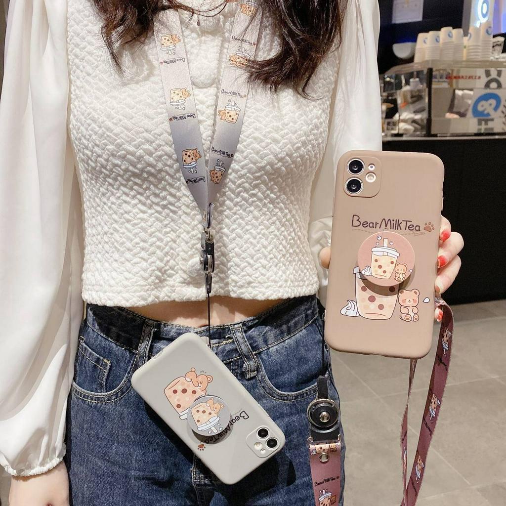 Casing Soft Case Silikon Motif Print Kartun Milk Tea / Milk Tea Dengan Bracket Untuk IPhone Wss7