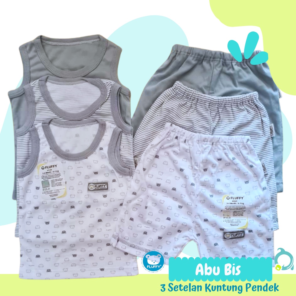 FLUFFY Abu-Abu Bis / Neci 3 Setelan Kuntung ( 3 Baju 3 Celana) Baju Bayi Baru Lahir / Newborn