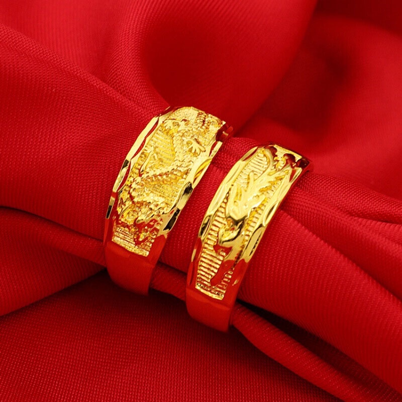 Tembaga Murni Berlapis Emas Pernikahan Naga Dan Phoenix Cincin Terbuka Untuk Pria Dan Wanita Pasangan Cincin Pasir Imitasi Emas