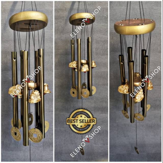 Genta Angin Windchimes Fungling Fengshui 5 Batang Model Katak Kaki Tiga dan Koin Cina Kuno