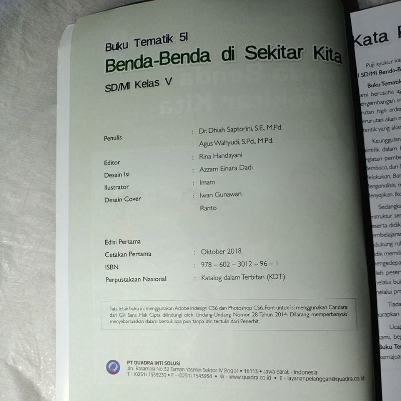 BUKU TEMATIK TERPADU QUADRA 5I &quot;BENDA BENDA DI SEKITAR KITA&quot; KELAS 5 SD ( BEKAS )