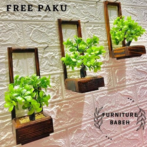 Bunga Artifisial Kayu Jati Set Pot Dinding