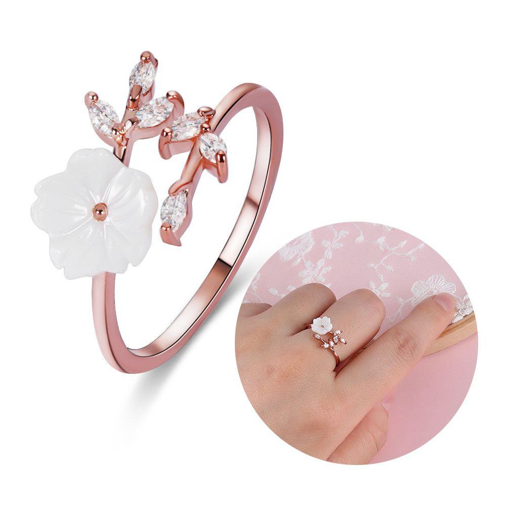 Lily Opening Ring Halus Wanita Perempuan Ukuran Dapat Disesuaikan Zircon Kristal Daun