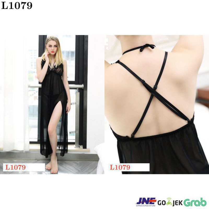 Lingerie Long Gown Tali Silang Hitam Transparan