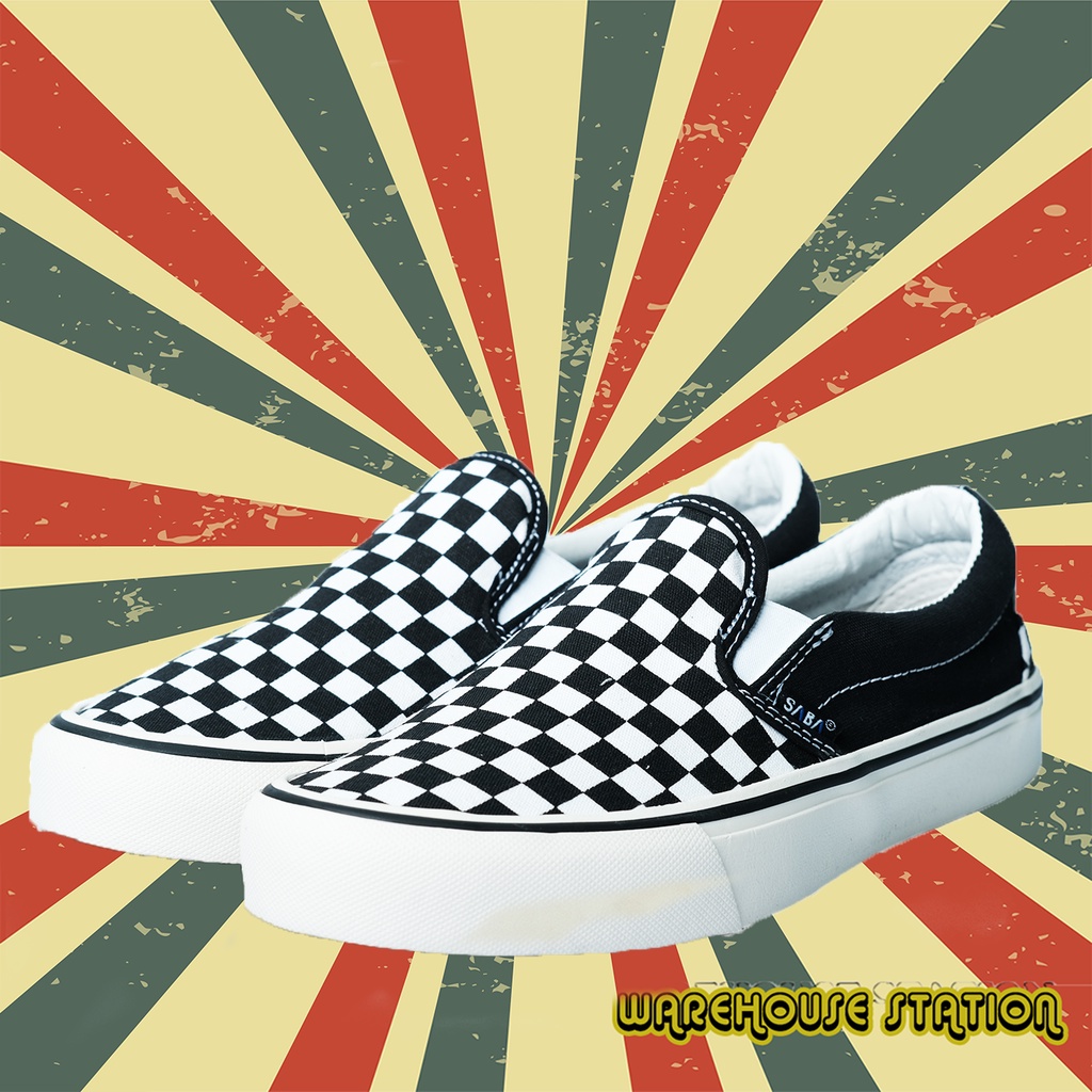 SABA Checkerboard Slip On Black White  - Sepatu Sneakers Casual Pria Wanita